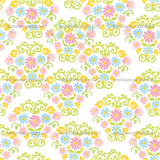 Floral heart medallions repeat pattern with colorful blooms and shapes — seamless tileable pattern