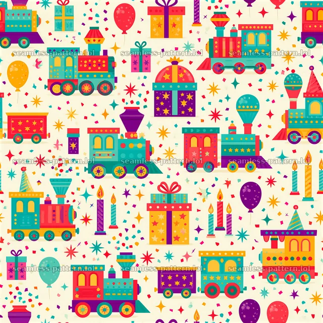 Birthday trains seamless pattern with colorful balloons and gifts — seamless tileable pattern