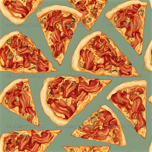 Seamless bacon pizza pattern with pizza slices on a green background — seamless tileable pattern