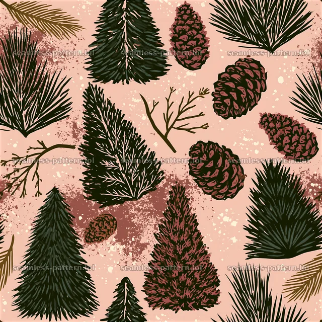 Seamless fir tree pattern with pine cones on a pink background — seamless tileable pattern