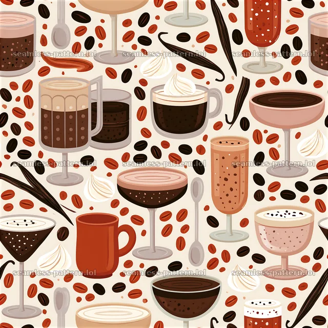 Seamless coffee cocktail pattern with various drinks and coffee elements — seamless tileable pattern