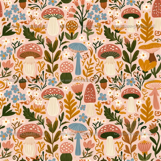 Colorful folk art seamless pattern featuring mushrooms and flowers — seamless tileable pattern