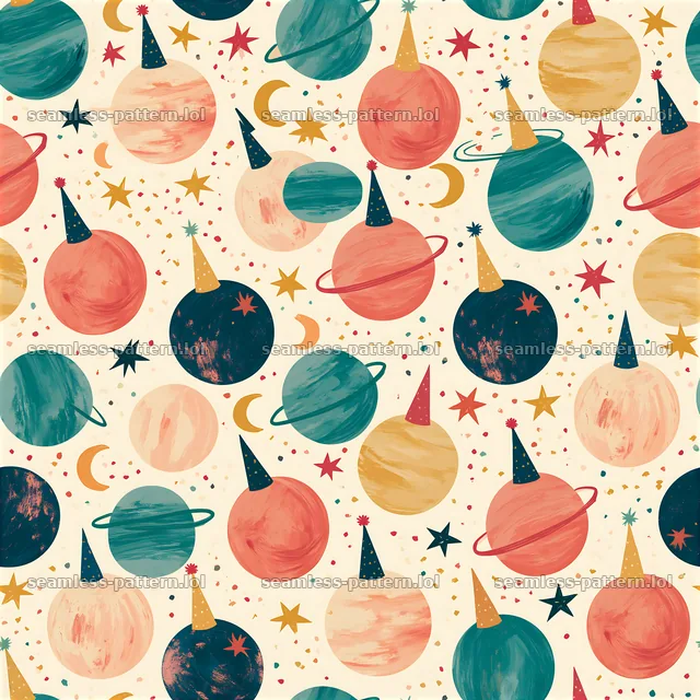 Birthday planets seamless pattern with colorful planets and stars — seamless tileable pattern