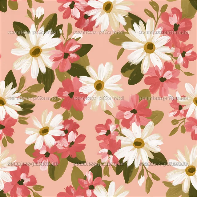 Bright hand-painted flowers seamless pattern in pink background — seamless tileable pattern