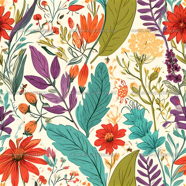 Colorful botanical doodles seamless pattern with various flowers and leaves — seamless tileable pattern