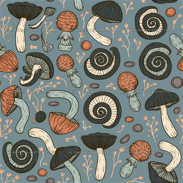 Funky mushroom tileable pattern with spiral shapes and small plants — seamless tileable pattern