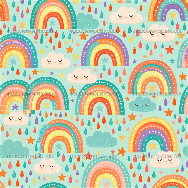 Colorful rainbow seamless pattern for kids with clouds and stars — seamless tileable pattern