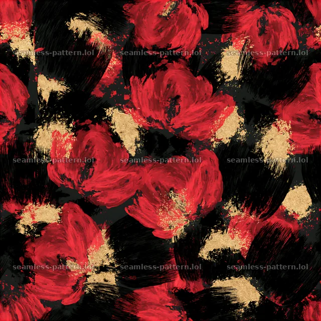 Brushstroke black red gold seamless pattern with bold floral elements — seamless tileable pattern