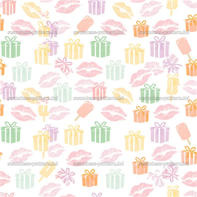 Seamless pattern of kiss prints with colorful gift boxes — seamless tileable pattern