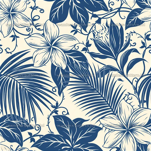 Tropical flower tileable pattern featuring intricate leaf designs — seamless tileable pattern