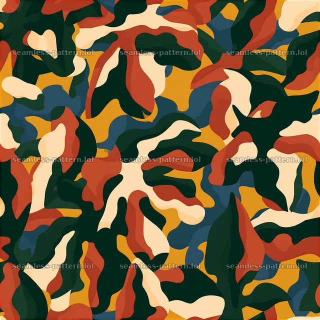 Repeating pattern with leafy camouflage forms in vibrant colors — seamless tileable pattern
