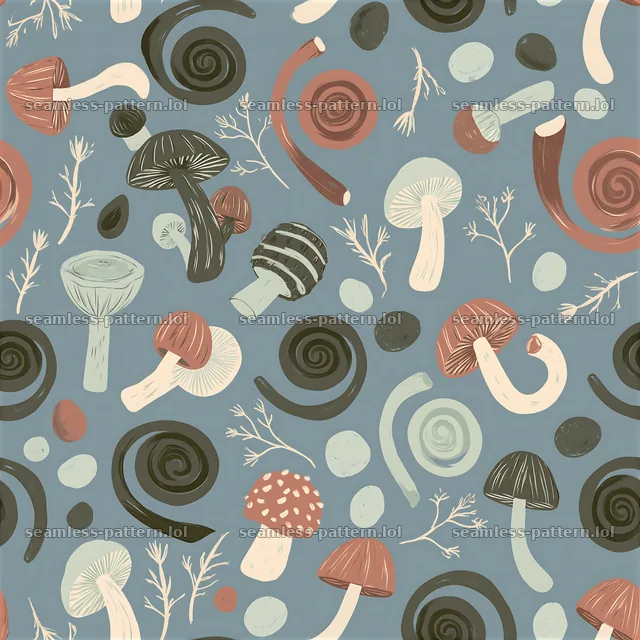 Funky mushroom tileable pattern with varied mushrooms and swirls — seamless tileable pattern