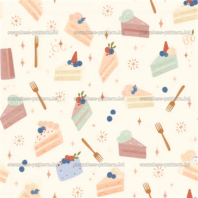 Birthday pastel seamless pattern featuring cake slices and utensils — seamless tileable pattern
