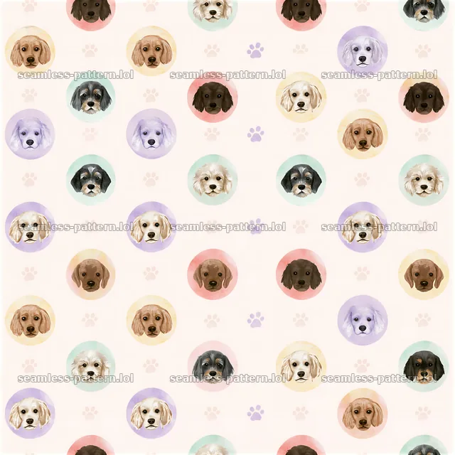 Repeating pattern of dog heads in circles with soft pastel colors — seamless tileable pattern