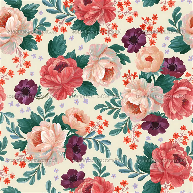 Pattern/colorful floral repeat pattern with flowers and leaves — seamless tileable pattern