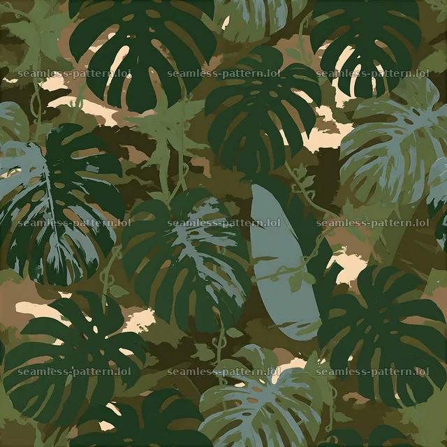 Green jungle camouflage repeating pattern with tropical leaves — seamless tileable pattern