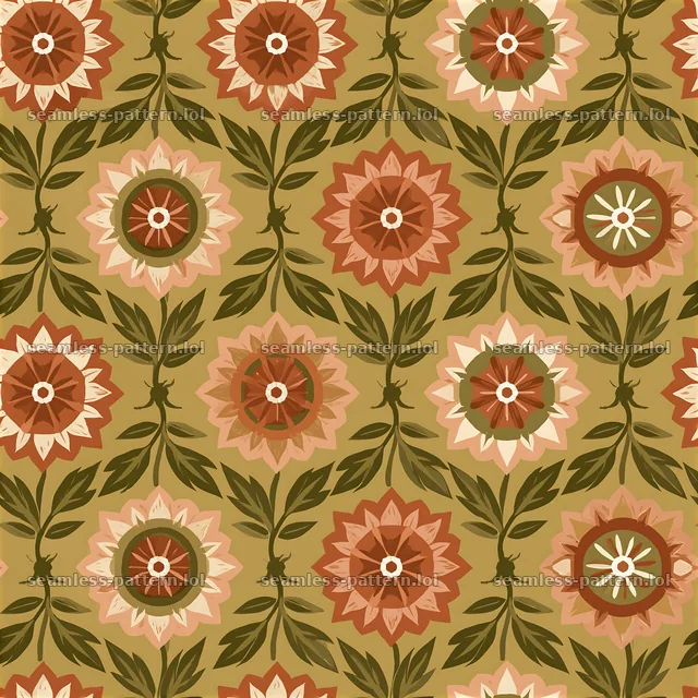 Vintage flower tileable pattern with floral motifs and green leaves — seamless tileable pattern