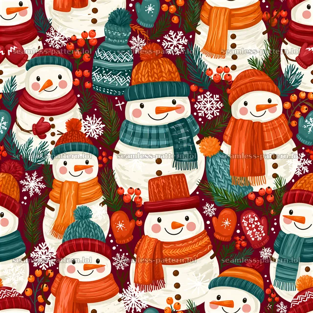 Repeating snowman pattern with hats, scarves, and winter elements — seamless tileable pattern