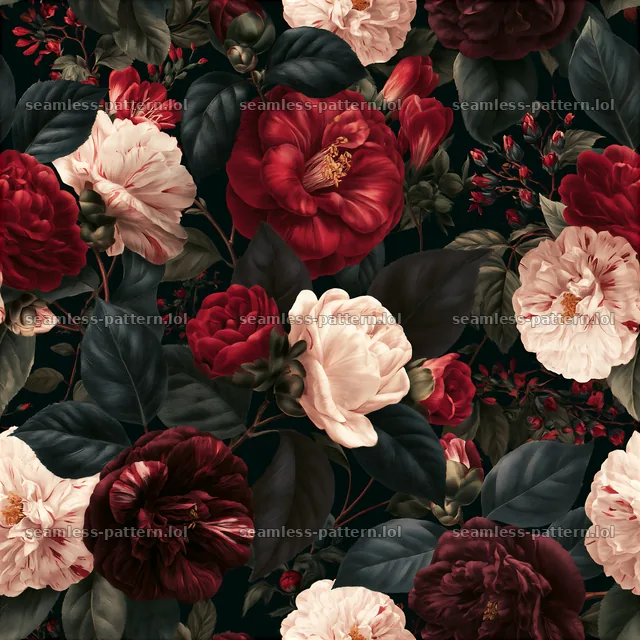 Pattern/dense floral repeat pattern with red and white flowers — seamless tileable pattern