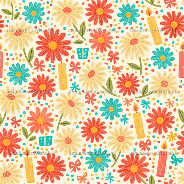 Birthday floral birthday seamless pattern with colorful flowers and candles — seamless tileable pattern