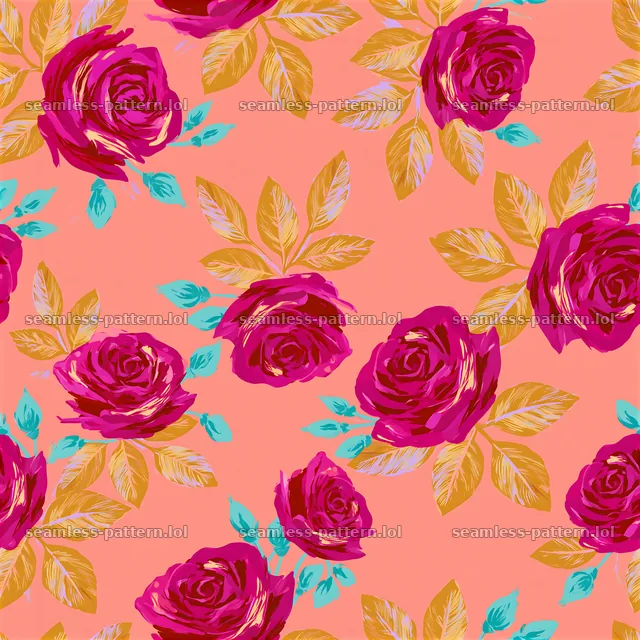 Cheerful rose seamless pattern with pink background and gold leaves — seamless tileable pattern