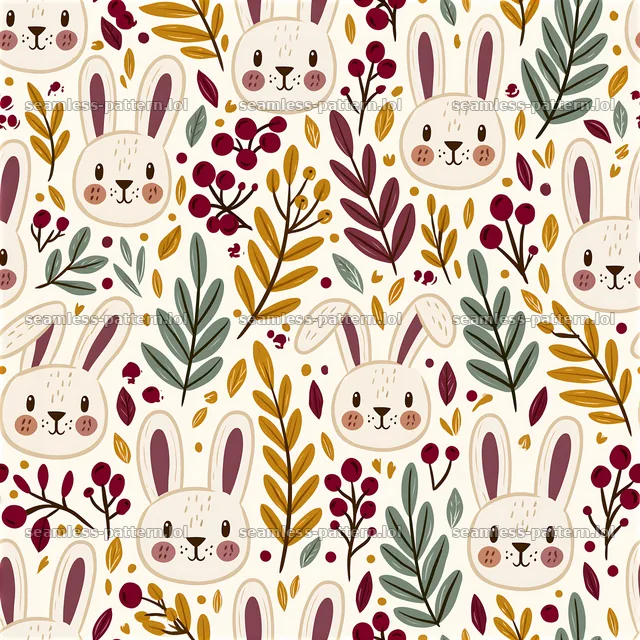Pattern/cute bunny faces seamless pattern with flowers and leaves — seamless tileable pattern