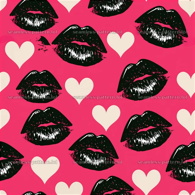 Repeat pattern with glossy lipstick prints and hearts on bright background — seamless tileable pattern