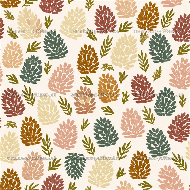 Repeating pinecone pattern with green and earthy colors on light background — seamless tileable pattern