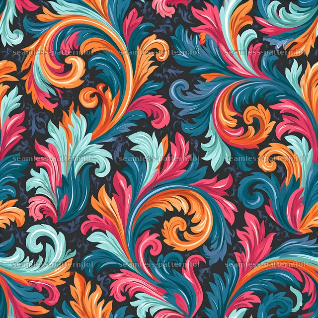 Colorful damask seamless pattern with swirling motifs in bright colors — seamless tileable pattern
