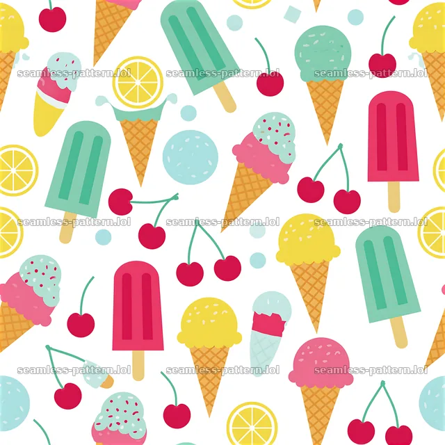 Colorful kitchen seamless pattern features ice cream and fruit shapes — seamless tileable pattern