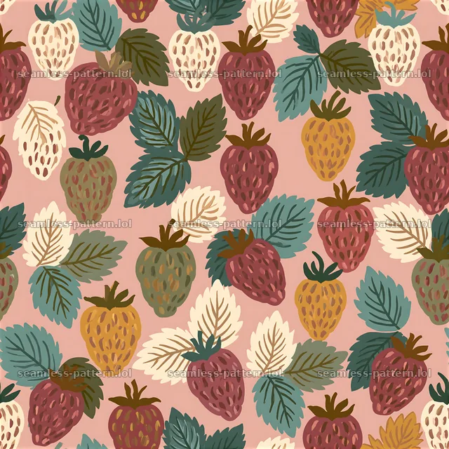 Colorful strawberries seamless pattern with leaves on a pink background — seamless tileable pattern