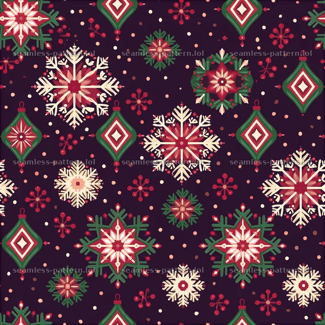 Repeating Christmas wrapping paper pattern with snowflakes and ornaments — seamless tileable pattern
