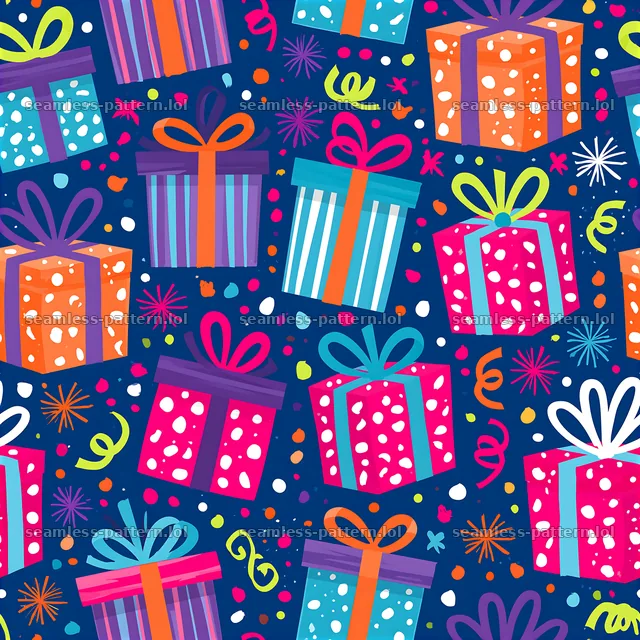Repeating pattern with cheerful gift boxes in bright colors — seamless tileable pattern