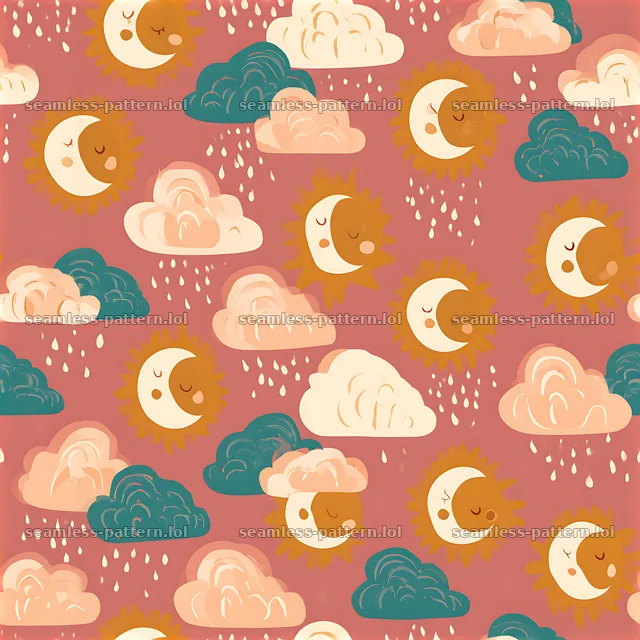 Cute sun and cloud seamless pattern with smiling faces and raindrops — seamless tileable pattern