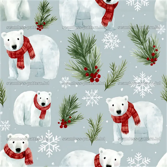 Seamless watercolor Christmas pattern features polar bears and pine — seamless tileable pattern