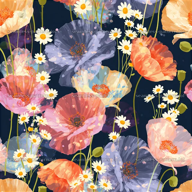 Rainbow floral repeat pattern featuring colorful flowers on dark background — seamless tileable pattern