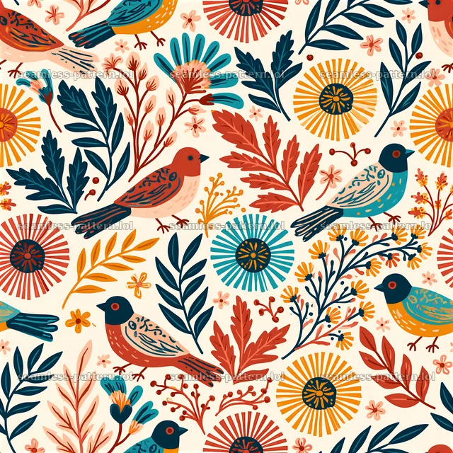 Colorful folk art seamless pattern with birds and flowers — seamless tileable pattern