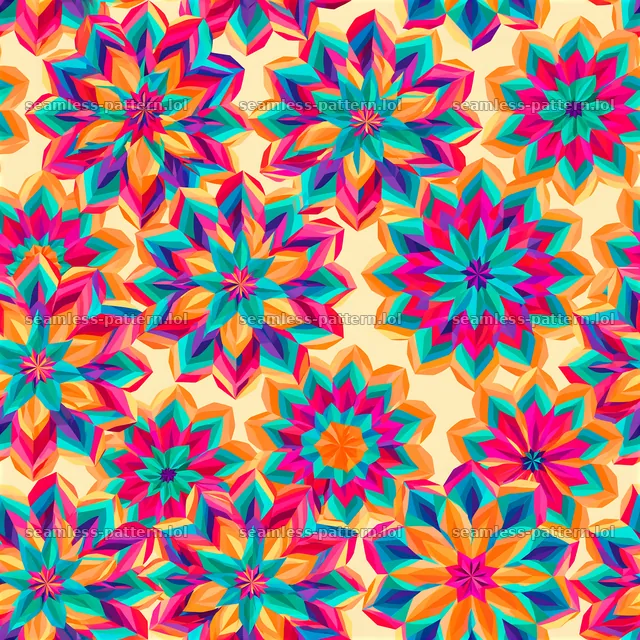 Vibrant geometric flower shapes seamless pattern in bright colors — seamless tileable pattern