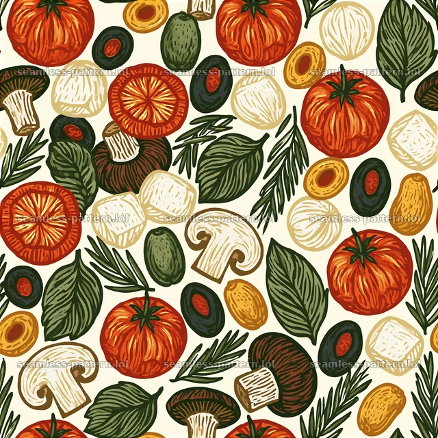 Pattern/seamless pizza ingredient pattern with tomatoes and mushrooms — seamless tileable pattern