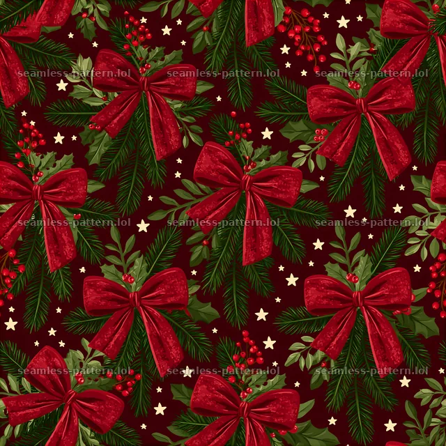 Seamless red and green Christmas pattern featuring bows and pine — seamless tileable pattern