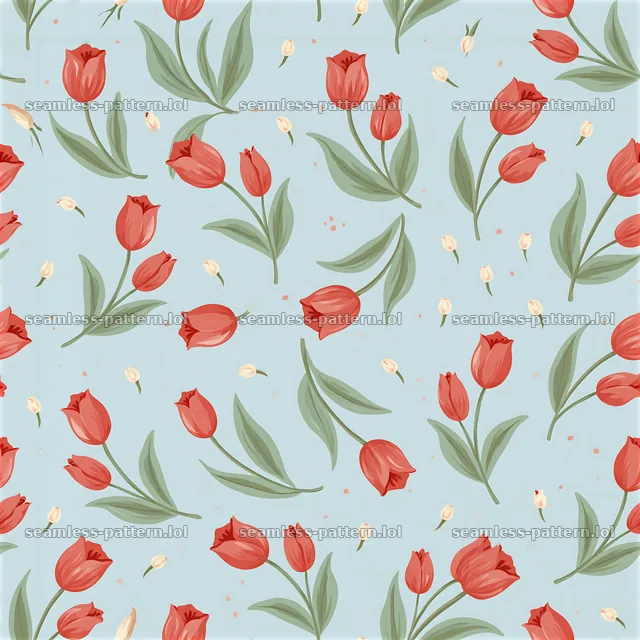 Tulip repeating pattern with green leaves on light blue background — seamless tileable pattern