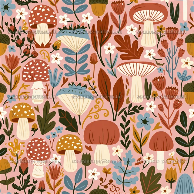 Colorful folk art seamless pattern with mushrooms and flowers — seamless tileable pattern