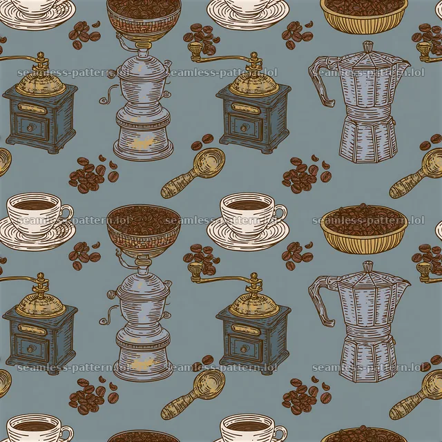 Seamless coffee line art pattern with coffee tools and cups — seamless tileable pattern