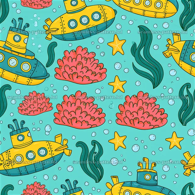 Colorful submarine seamless pattern for kids with coral and bubbles — seamless tileable pattern