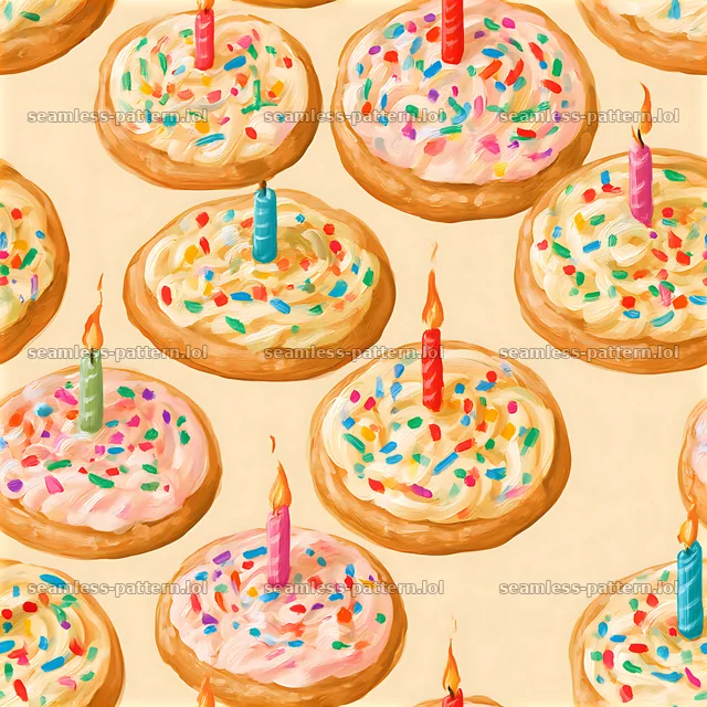 Birthday cookies seamless pattern with candles and colorful sprinkles — seamless tileable pattern