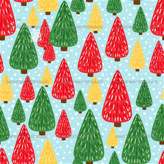 Seamless Christmas tree pattern with colorful trees on light blue background — seamless tileable pattern