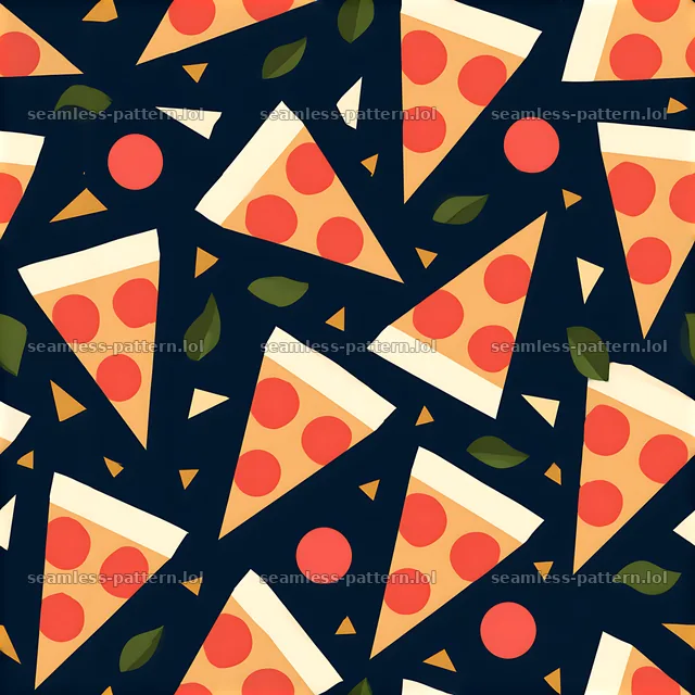 Seamless delicious pizza pattern with pizza slices and green leaves — seamless tileable pattern
