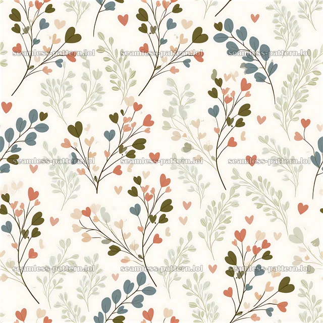 Seamless botanical heart pattern with leaves and soft colors — seamless tileable pattern