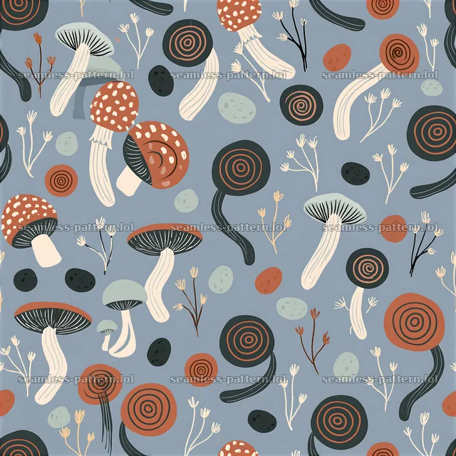Funky mushroom tileable pattern with colorful mushrooms and flora — seamless tileable pattern