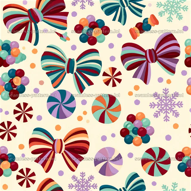 Colorful Christmas seamless pattern with rainbow candy and bows — seamless tileable pattern
